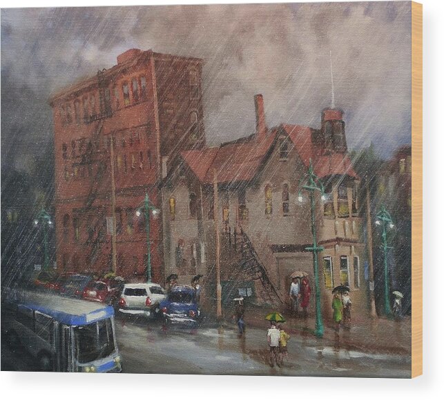  City Scene Wood Print featuring the painting Rainy Afternoon Milwaukee by Tom Shropshire