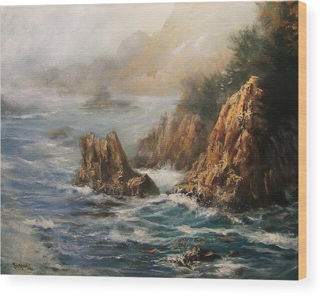Seascape Wood Print featuring the painting Rocky Shore by Tom Shropshire