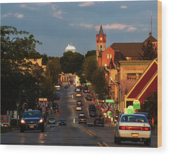 Stoughton Wi Wisconson Downtown Main Street Equinox Wood Print featuring the photograph Stoughton Wisconsin Main Street #1 by Peter Herman