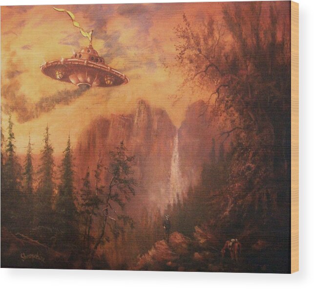 Landscape Wood Print featuring the painting UFO Sighting by Tom Shropshire