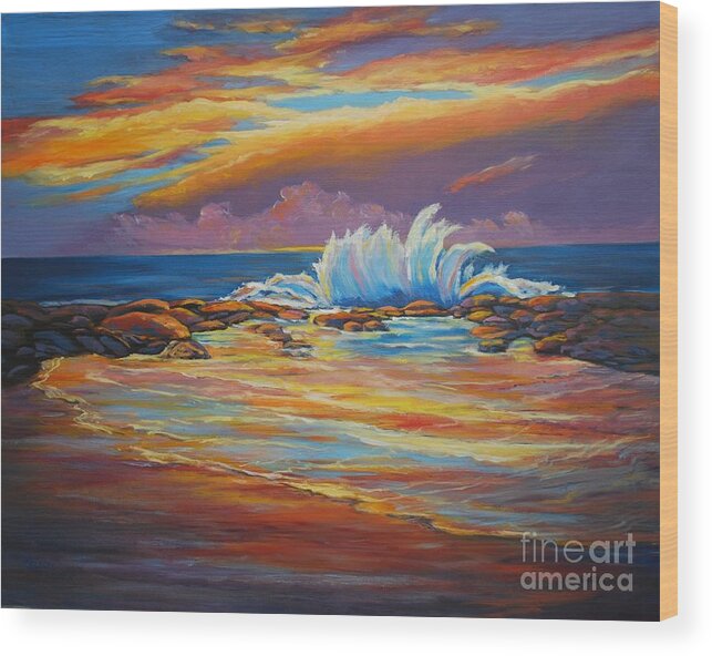 Landscape Wood Print featuring the painting Wave at Sunset by Celeste Drewien