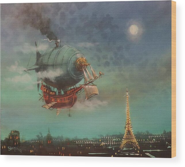 Steampunk Airship Wood Print featuring the painting Airship Over Paris by Tom Shropshire