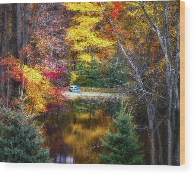 Colors Wood Print featuring the photograph Autumn Pond with Rowboat by Tom Mc Nemar