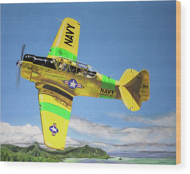 Airplane Wood Print featuring the painting U S Navy S N J 6- Kaneohe Bay by Karl Wagner
