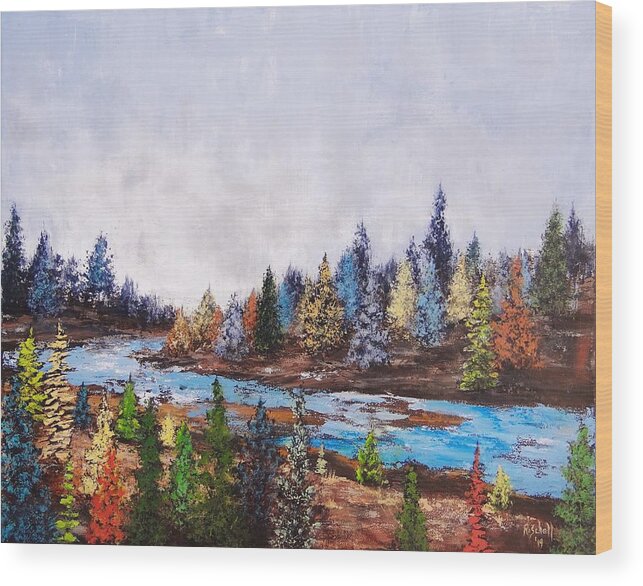 Fall Wood Print featuring the painting Fall by the River by Roseanne Schellenberger