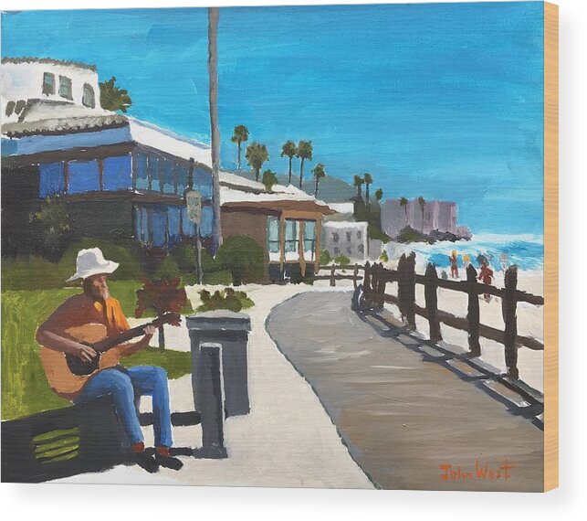 Laguna Beach Wood Print featuring the painting Laguna Beach Boardwalk by John West