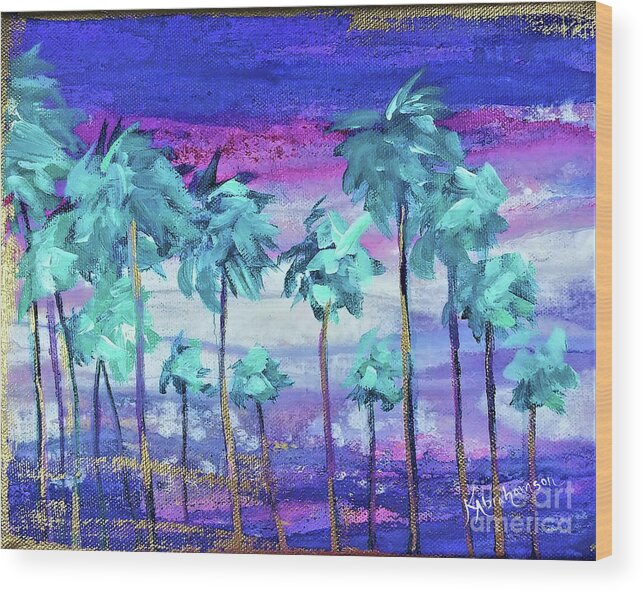 Palm Trees Wood Print featuring the painting Peaceful Purple Sunset Cluster of Palms by Kristen Abrahamson
