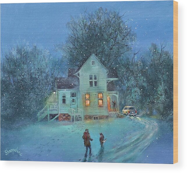 Winter Scene Wood Print featuring the painting Suppertime At The Farm by Tom Shropshire