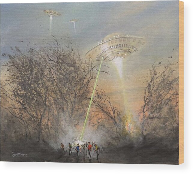 Ufo's Wood Print featuring the painting UFO Alien Invasion by Tom Shropshire
