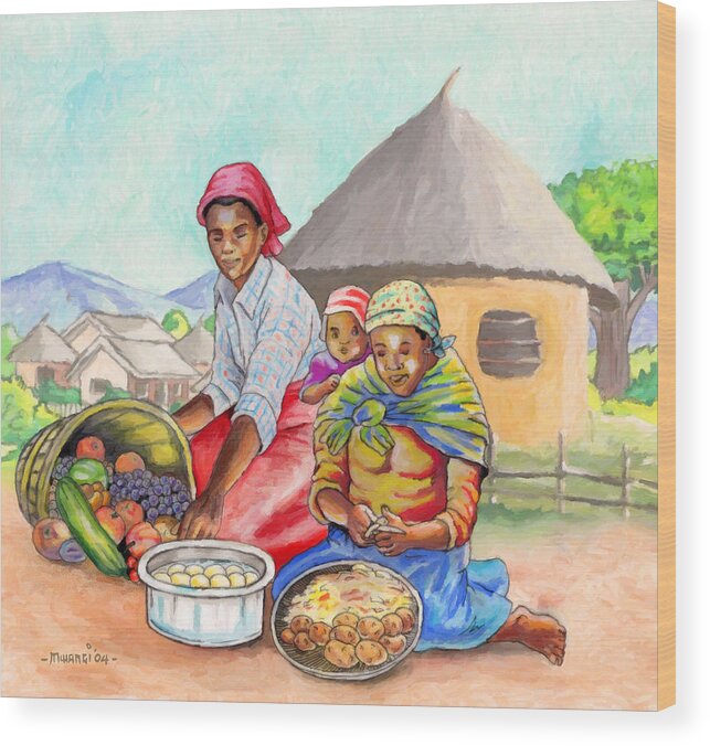 Food Wood Print featuring the painting Preparing Food by Anthony Mwangi