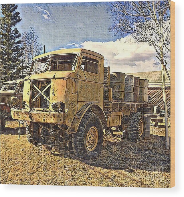 Oil Barrels; Old Vehicle; Old Truck; History; Canol Trail; Canol Pipeline; Northwest Territories; Yukon Wood Print featuring the digital art Hauling Oil Barrels on Old Canol Pipeline Project by Barb Cote