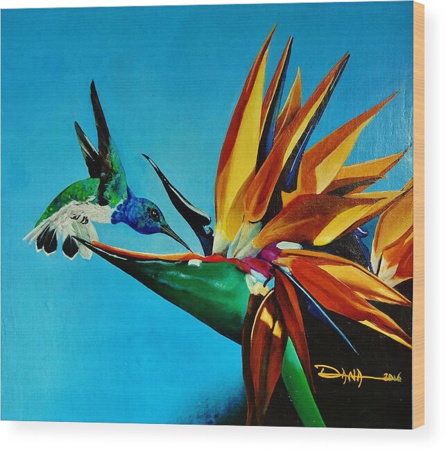 Birds Wood Print featuring the painting Birds of Paradise with White necked Jacobin hummingbird by Dana Newman