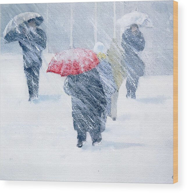 Snow Wood Print featuring the painting Red Umbrella by Glenn Galen