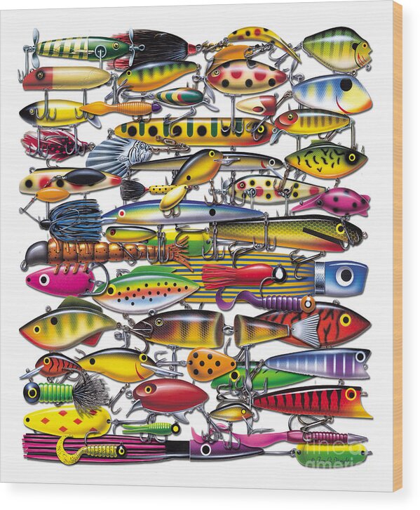Jon Q Wright Jq Licensing Trout Fly Flyfishing Brown Trout Rainbow Trout Brook Trout Cutthroat Trout Fishing Lodge Cabin Antique Lures Lure Tackle Wood Print featuring the painting Lured by JQ Licensing