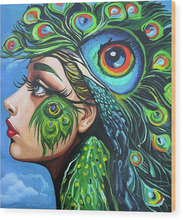 Peacock Hybrid Surrealism Abstract Color Wood Print featuring the painting Peahen XIV by Kasey Jones