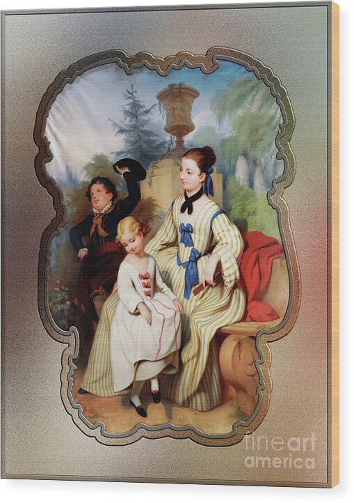 Girl Wood Print featuring the painting Girl With A Fan And Two Children In Elegant Dress Remastered Retro Art Xzendor7 Reproductions by Rolando Burbon