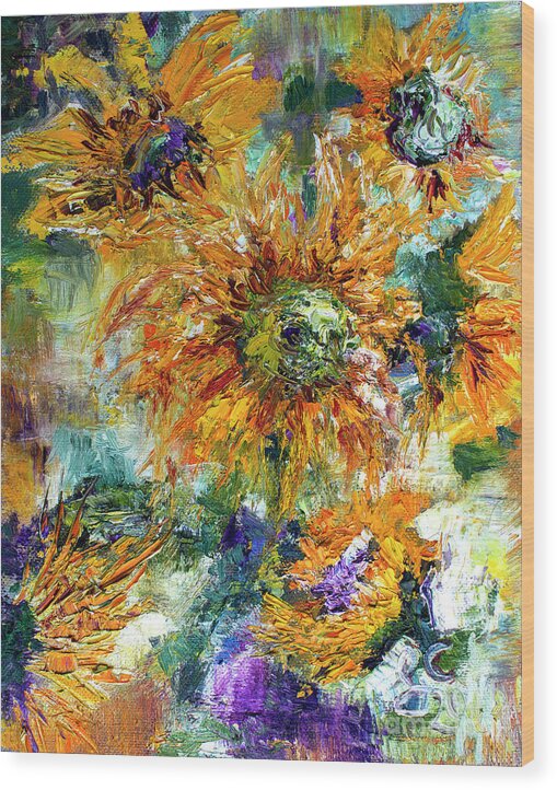 Sunflowers Wood Print featuring the painting Impressionist Sunflowers Palette Knife Oil Painting by Ginette Callaway