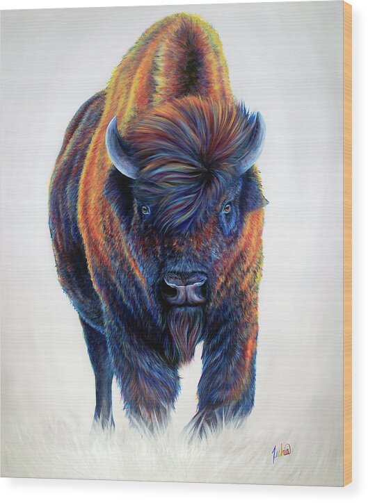 Running Bison Wood Print featuring the painting Jackson by Teshia Art