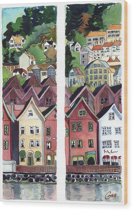 Bergen  Norway Townscape Historic Port  Wood Print featuring the painting Bergen, Norway by Joan Cordell