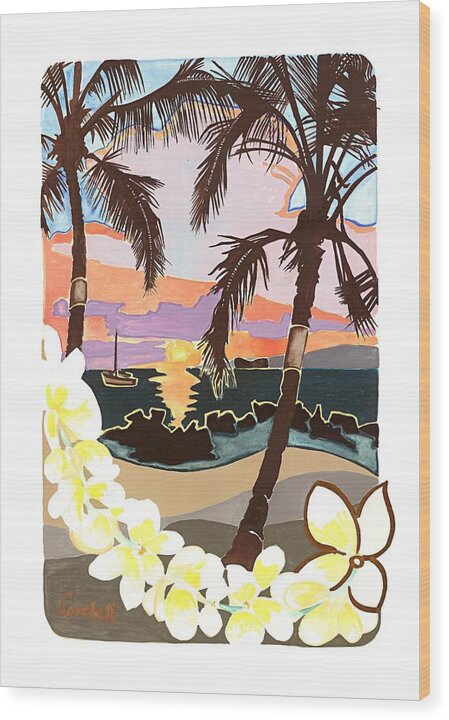Tropical Island Landscapes Wood Print featuring the painting Keawakapu Sunset - Maui by Joan Cordell