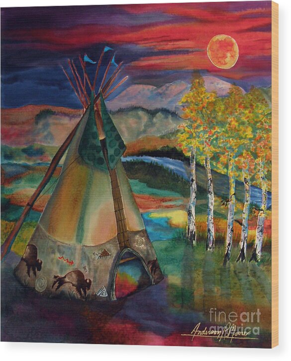 Tipee Wood Print featuring the painting Camp of the Hunting Moon by Anderson R Moore