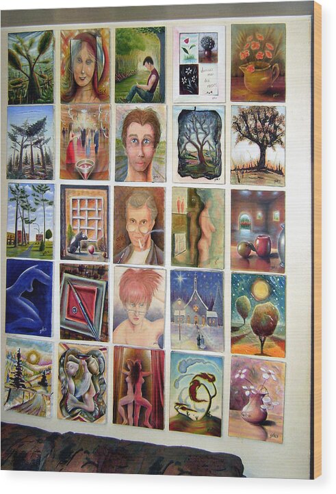 Mosaic Wood Print featuring the painting 25 Paintings On The Wall by Gerald Dextraze