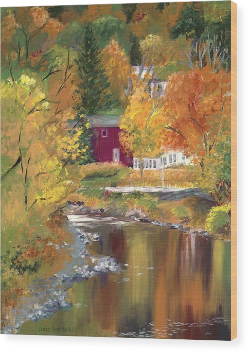 Landscape Wood Print featuring the painting Autumn in New York by Judy Swerlick