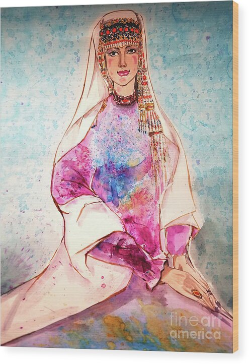 Watercolor Wood Print featuring the painting Chinese Minority Woman with Ocean Blue Background by Leslie Ouyang