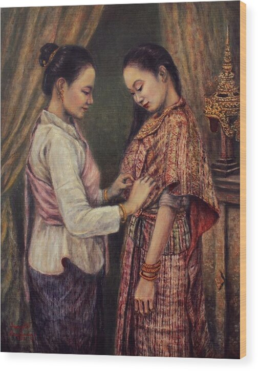 Lao Ramayana Wood Print featuring the painting Dressing Nang Sida by Sompaseuth Chounlamany