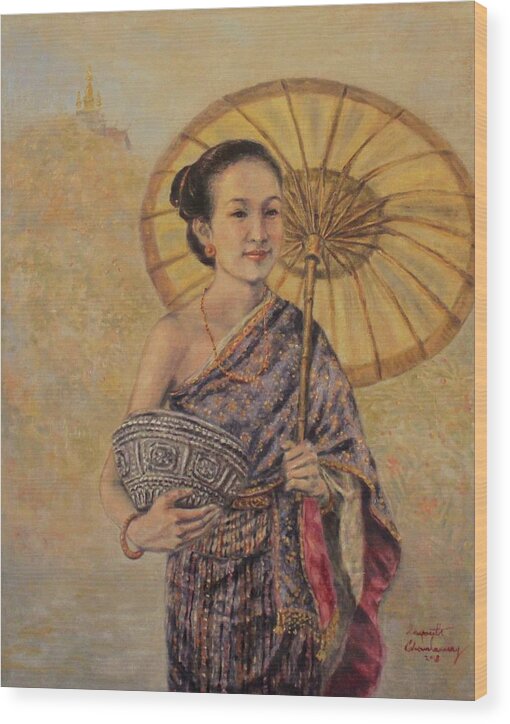 Lao Girl Wood Print featuring the painting Golden Luang Prabang by Sompaseuth Chounlamany