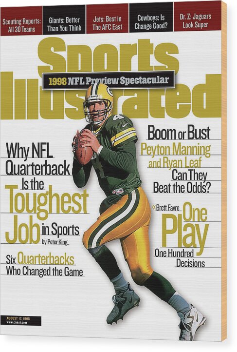 Green Bay Wood Print featuring the photograph Green Bay Packers Qb Brett Favre, 1998 Nfl Football Preview Sports Illustrated Cover by Sports Illustrated