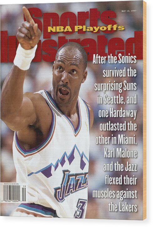 Playoffs Wood Print featuring the photograph Utah Jazz Karl Malone, 1997 Nba Western Conference Sports Illustrated Cover by Sports Illustrated