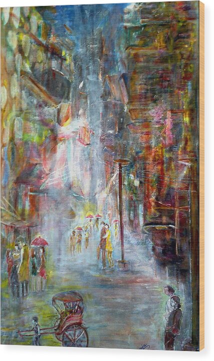 Rain Wood Print featuring the painting When rain just stopped at north Kolkata by Subrata Bose