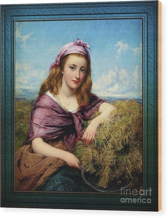 Farm Girl Wood Print featuring the painting Farm Girl with Sickle and Cut Flowers by Edward John Cobbett Classical Art Old Masters Reproduction by Rolando Burbon