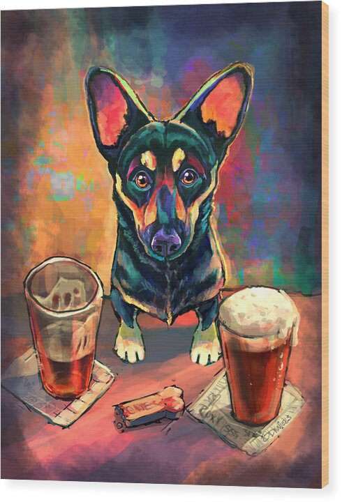 Dog Wood Print featuring the painting Yappy Hour by Sean ODaniels
