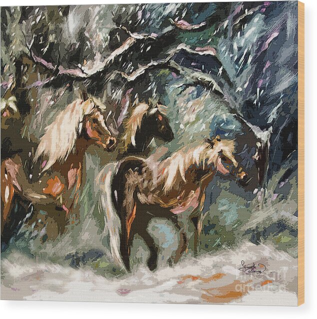 Horses Wood Print featuring the painting Expressive Haflinger Horses in Snow Storm by Ginette Callaway