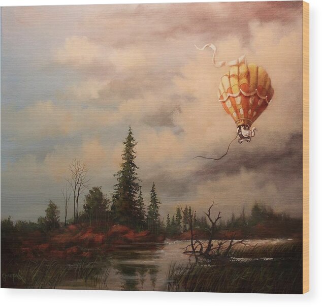 Hot Air Balloon Wood Print featuring the painting Flight of the Swan 2 by Tom Shropshire
