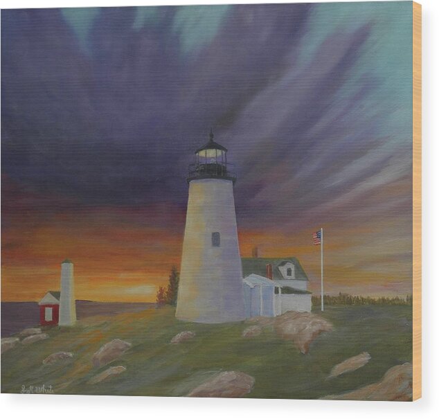Lighthouse Sea Ocean Storm Pemaquid Clouds Wood Print featuring the painting Coming Storm #1 by Scott W White