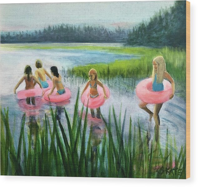Pink Floaties Wood Print featuring the painting Scoby Pond Birthday by Cyndie Katz