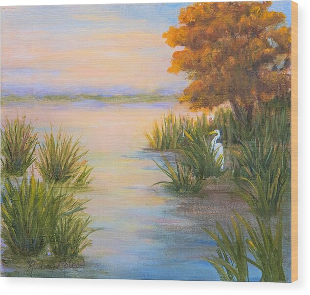 Light Coral Colors Over The Marsh Wood Print featuring the painting Sunset at the Marsh by Audrey McLeod