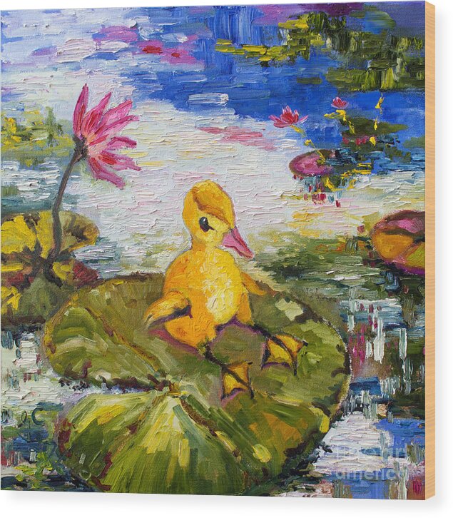 Animals Wood Print featuring the painting Baby Duck on Lily Pad Lazy Summer by Ginette Callaway