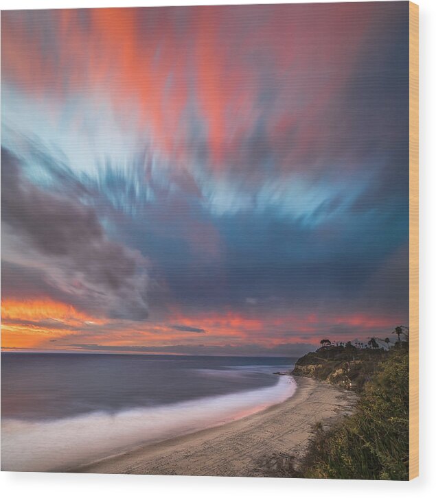 California; Long Exposure; Ocean; Reflection; San Diego; Sand; Sunset; Sun; Clouds; Waves Wood Print featuring the photograph Colorful Swamis Sunset - Square by Larry Marshall