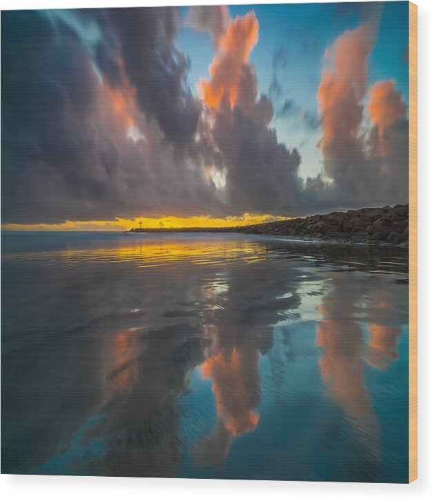 California; Long Exposure; Ocean; Reflection; San Diego; Seascape; Sunset; Surf; Clouds Wood Print featuring the photograph Harbor Jetty Reflections Square by Larry Marshall
