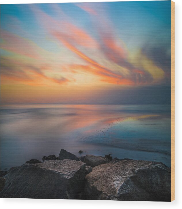 California; Long Exposure; Ocean; Reflection; San Diego; Seascape; Sunset; Surf; Clouds Wood Print featuring the photograph Ponto Jetty Sunset - Square by Larry Marshall