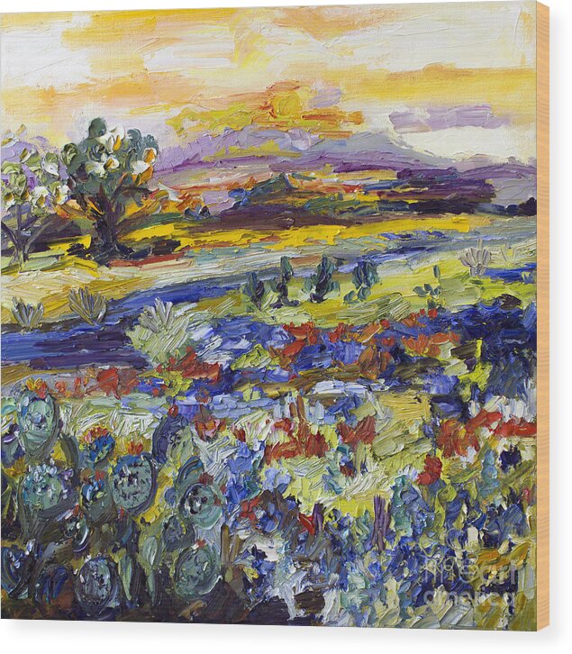 Impressionist Landscape Wood Print featuring the painting Texas hill Country Bluebonnets and Indian Paintbrush Sunset Landscape by Ginette Callaway