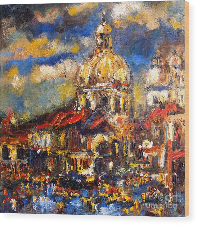 The Basilica Di Santa Maria Della Salute Wood Print featuring the painting Venice Italy Sparkling at Sunset by Ginette Callaway