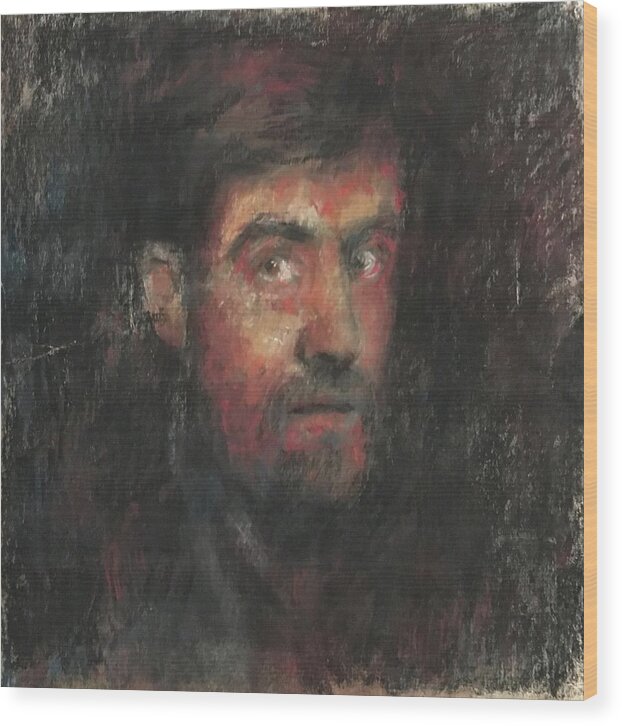Pastel And Charcoal Drawing - Portrait- Selfportrait- Head- Boheme- Artist- Wood Print featuring the drawing Selfportrait as boheme artist #1 by Paez ANTONIO