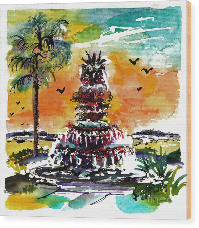 Charleston Wood Print featuring the painting Charleston Pineapple Fountain by Ginette Callaway