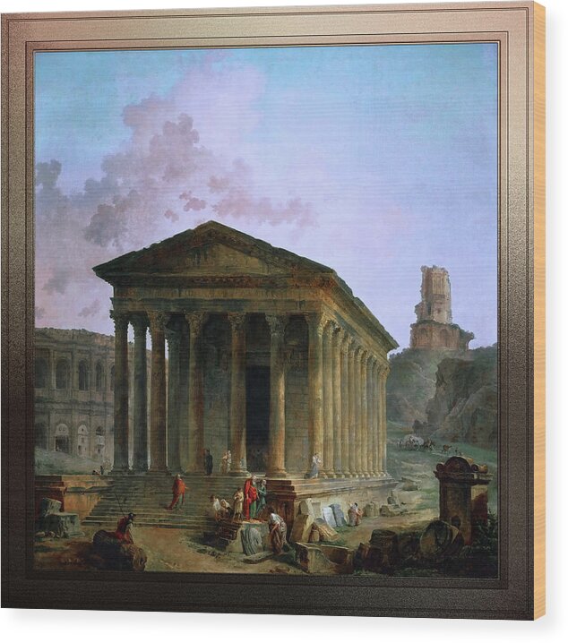 Maison Carée Wood Print featuring the digital art The Maison Caree the Arenas and the Magne Tower in Nimes by Hubert Robert by Rolando Burbon