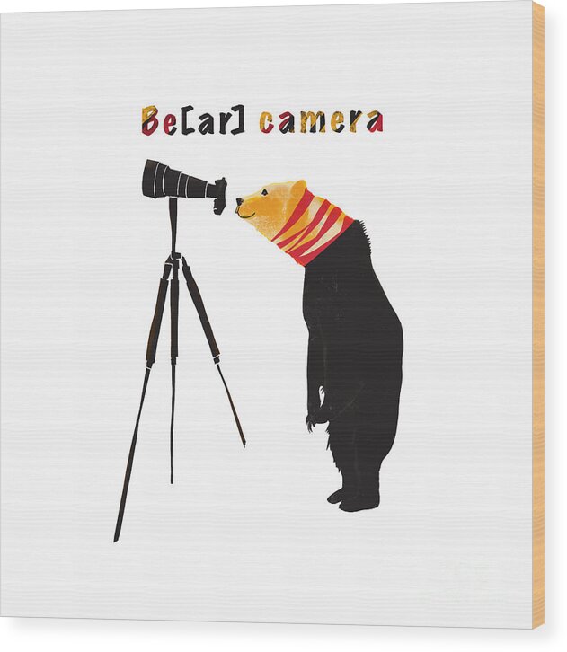 Bear Wood Print featuring the digital art Bear camera by Lidija Ivanek - SiLa